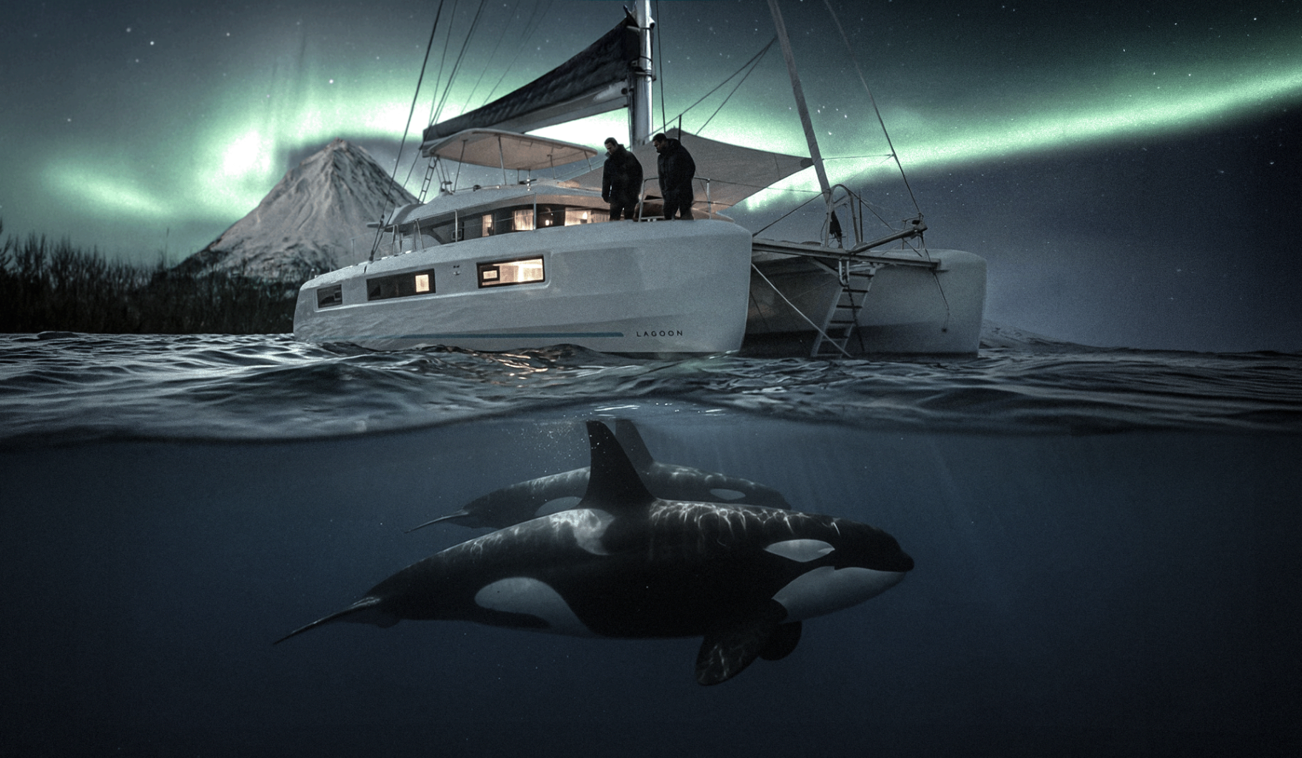 Lagoon 51 catamaran at anchor in an Arctic fjord at blue hour