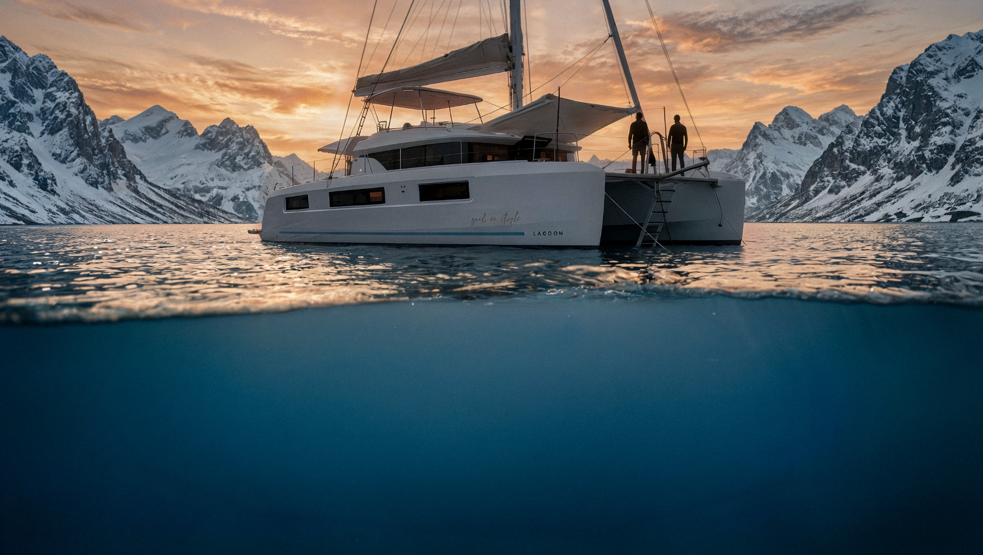 Catamaran anchored in a Norwegian fjord at sunset with snowy peaks