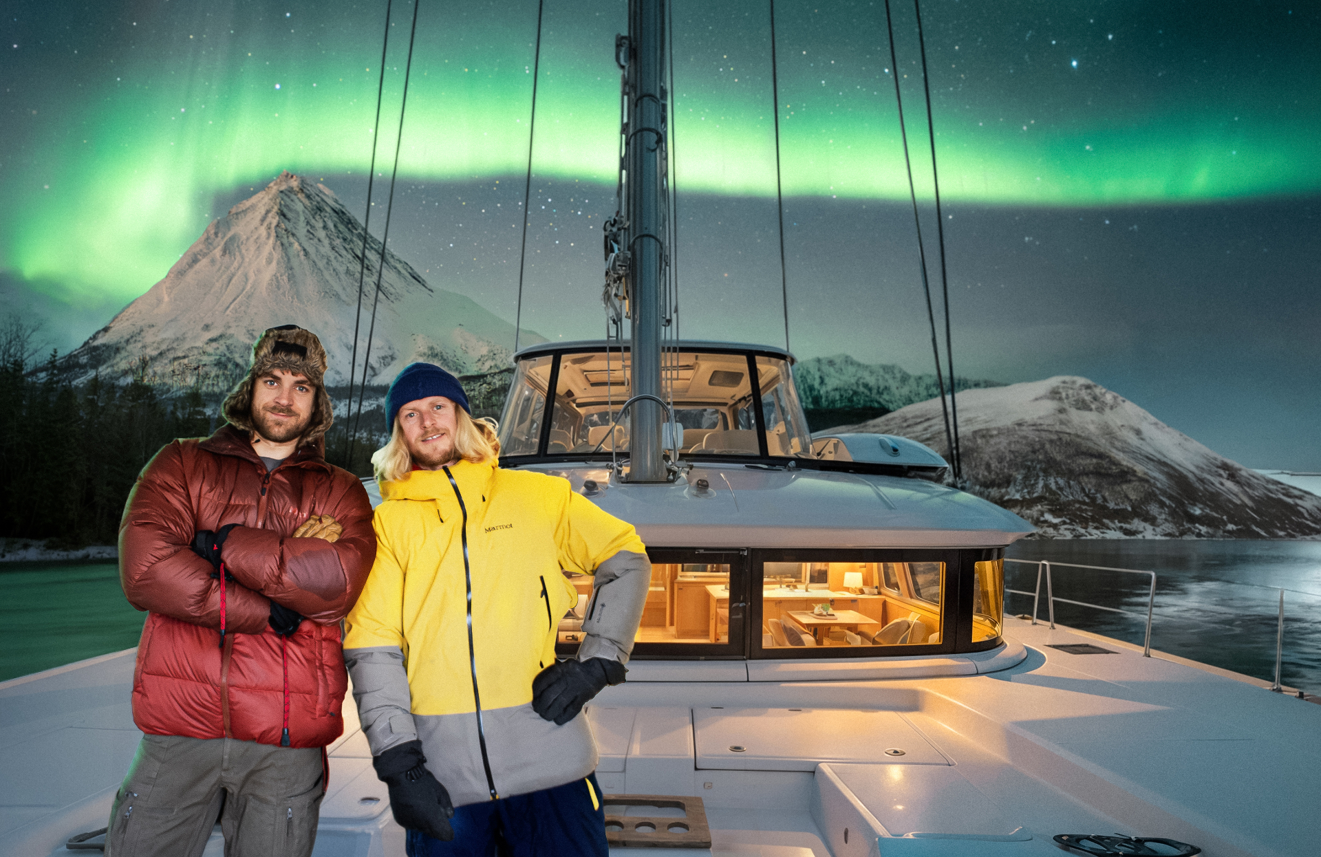 Two expedition guides on the bow of the catamaran under the northern lights